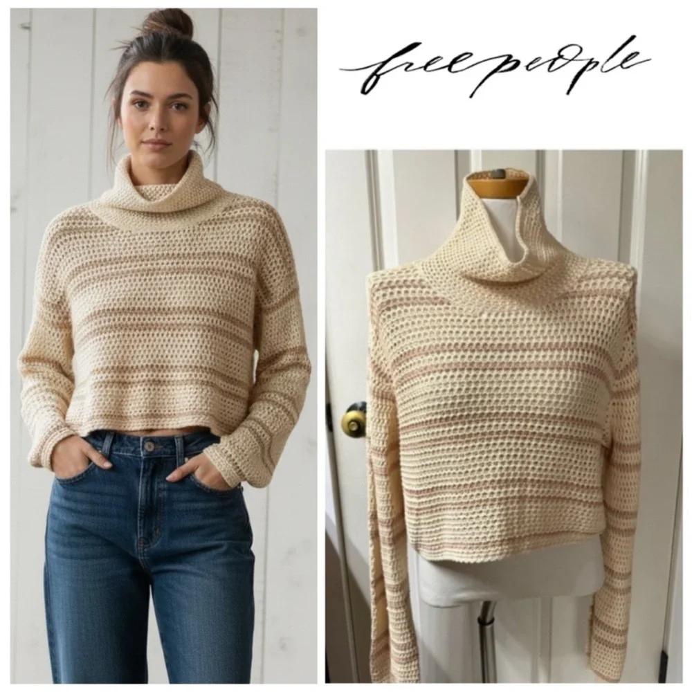 Free People Montauk Dunes Crochet Open Weave Mock Cowl Top